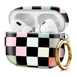 Compatible with Airpod pro 2nd/1st Generation Case Cover with Gold Round Keychain Cute Pattern Hard & Anti Slip Cover for Men Women & Girls（Colorful Squares）