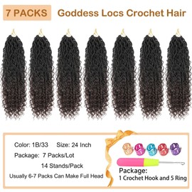 Alororo Goddess Locs Crochet Hair 24 Inch 7 Packs Long Faux Locs Crochet Hair Soft Crochet Locs boho Locs Crochet Hair Synthetic Hippie Locs Pre Looped Crochet Braids Curly Ends (24 Inch, 1B/33)