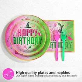 Grencian 96pcs Witch 10th Birthday Decorations Pink and Green Witch Theme Paper Plates Pink and Green 10th Birthday Party Supplies Tableware for Kids Girls Double Digits 10 Year Old Party Favors
