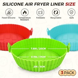 3 Pack Reusable Silicone Air Fryer Liners - 8 Inch Food Grade