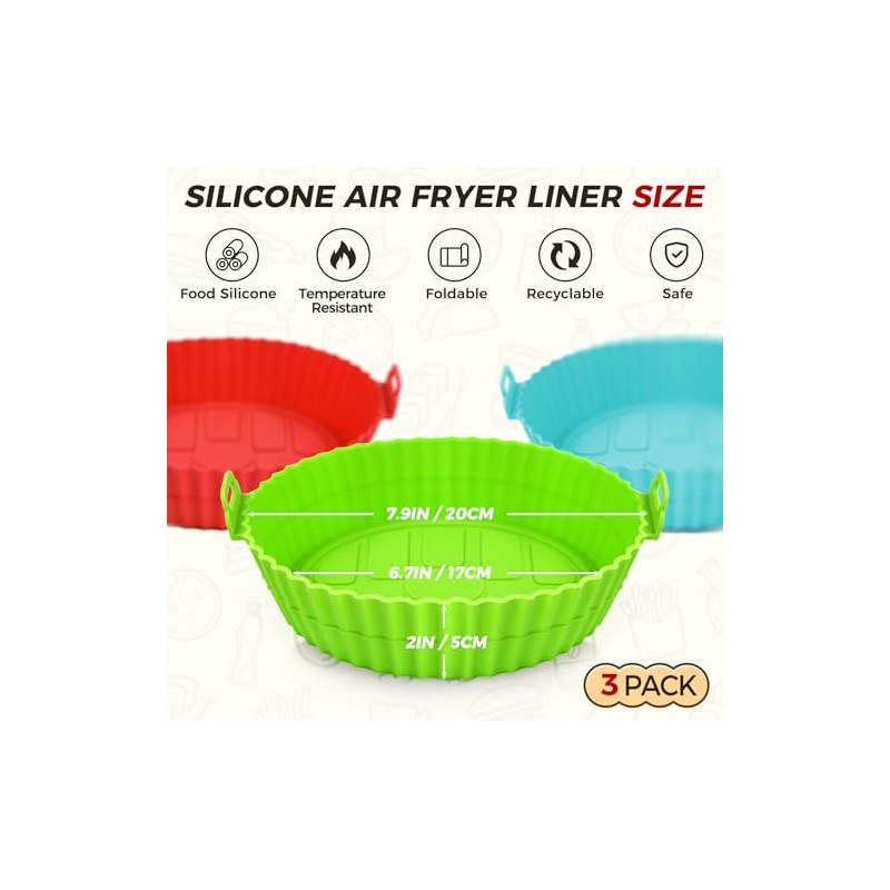 3 Pack Reusable Silicone Air Fryer Liners - 8 Inch