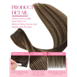 Lacer Weft Remy Human Hair Extensions Genius Weft 18inch One Piece Tape in Hair Extensions Chestnut Brown Mixed Dark Brown with Dark Brown Roots Invisible Tape in Hair 50g