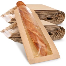 100 Pieces Paper Bread Bag with Window for Homemade Bread Bags Brown Kraft Loaf Storage Sacks Long French Bread Bags Bread Biscuits Packaging (6.5 x 2 x 18 Inch)
