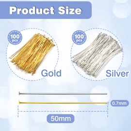 TOAOB 50 mm 200 Pieces Rivet Pins Chain Pins Prism Pins Gold Silver Brass for DIY Jewellery Making