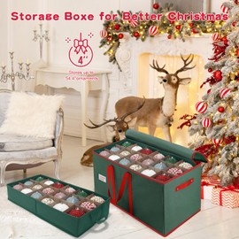 HKQ Christmas Ornament Storage Box, Stores Up to 54-4" Ornaments, 3 Individual Trays, Adjustable Dividers, 600D Oxford Fabric, Large Organizer Bin to Protect and Store Holiday Décor