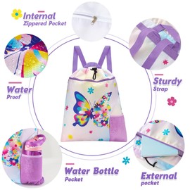 WAWSAM Butterfly Gym Drawstring Backpack- 15” x 17” Sports Gym Bag Drawstring Bag for Girls Waterproof String Backpack for Beach Swim Travel Yoga Gift with Zipper Pocket and Water Bottle Pocket
