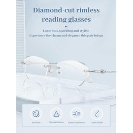 LUFF Rimless Reading Glasses for Women,Frameless Metal Fashion Diamond Cut Edge Blue Light Computer Readers,Anti Eyestrain
