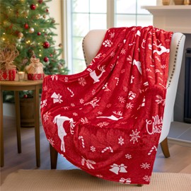 PAVILIA Christmas Throw Blanket | Holiday Christmas Reindeer Snowflakes Fleece Blanket | Soft, Plush, Warm Winter Cabin Throw, 50x60 (Red Reindeer)