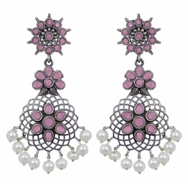 Indian Designer Brocade Afghani Antique Silver Oxidized Bollywood Gypsy Bollywood Fashion Traditional Ethnic Pearl White Dangle Jhumka Earrings Fusion Jewelry (Blush Pink)