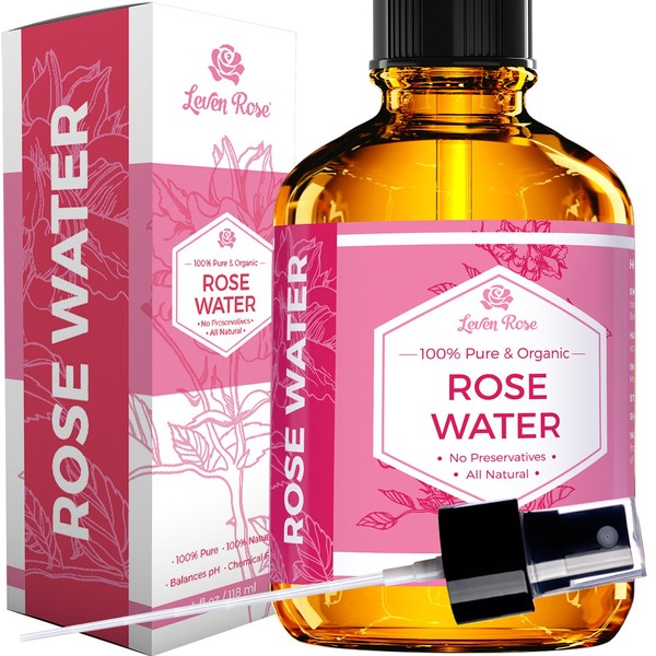 Rose Water Facial Toner by Leven Rose, Pure Natural Moroccan Rosewater Hydrosol Face Spray 4 oz