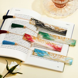 4 Pieces Resin Bookmarks Handmade Resin Gilt Bookmarks with Tassels Bookmark Presents for Women Kids Students Teachers and Book Lovers School Home Reading(Vibrant Color)
