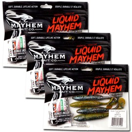 Mayhem Bait Co. 5-Inch Thrust Swim Minnow, Paddle Tail Soft Plastic Swimbait Bass Fishing Lures Plus 3 Tubes Liquid Mayhem Fish Attractant, 3 Packs of 5, 15 Baits - (Sunfish)