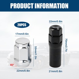 Yooyan 20 Radmuttern M12 x 1,5, Radmutterkappen, 60° Kegelbund Geschlossen, für mit Ford, Chrysler, Toyota, Hyundai, Kia, Honda, Mazda (Silber)