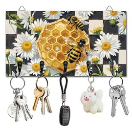DELORIGIN Beehives Bees Daisies Key Holder with 5 Hooks Wall Mounted Wooden Keys Storage Racks House Key Organizer Hanger Keys Holder for Wall Decor Door Entryway Hallway Kitchen New Home Gift