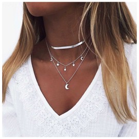 Cimenexe Bohemian Layered Moon Star Pendant Necklace Silver Flat Snake Chain Celestial Crescent Moon Necklace Punk Herringbone Chain Chain Jewellery for Women and Girls Gifts