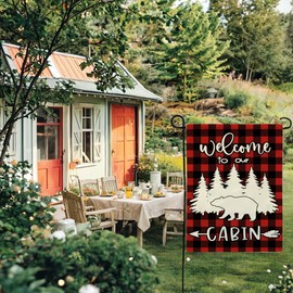 Bear Cabin Garden Flag Welcome to Our Cabin Sign Double Sided Farmhouse Decorative Small Burlap Flags 12.5 x 18 Inch for Cabin/Camper Outdoor Decorations (Red)