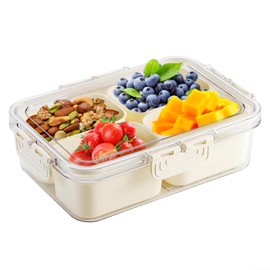 Divided Serving Tray with Lid and Handle, Snackle Box Container mit 4 Compartments Clear Serving Platters and Trays,Snack Platters for Veggie Fruits Snacks Nuts, for Picnic Party Travel
