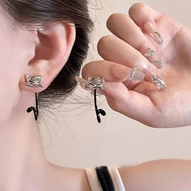 Punk Cat Jacket Earrings Black Cat Tail Stud Earrings 3D Cat Stud Earrings Two Way Stud Earrings Cute Animals Stud Earrings Jewellery Suitable for Women and Girls Gifts, Zinc Alloy Steel