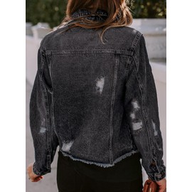 Sidefeel Women's Jean Jacket Oversized Denim Jacket Distressed Ripped Shackets Coat 2025 Spring Outfits Black X-Large