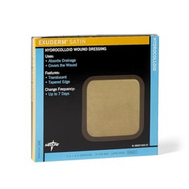 Medline Exuderm Satin Hydrocolloid Wound Dressings, 4 Inches x 4 Inches Sacral, Tapered Edge, Smooth Satin Backing, Box of 10