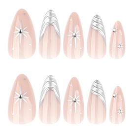 Medium Almond Press on Silver Fake Nails French Tip False Nails Star Rhinestone Design Full Cover Glossy Glue on Nails for Women 24PCS