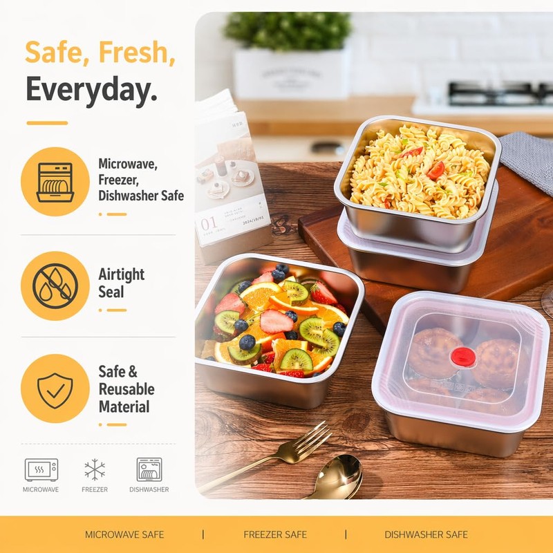 monoan 4 Pack Stainless Steel Sandwich Containers with Airtight Lids,