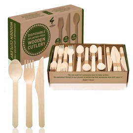 Weemium Disposable Wooden Cutlery Set - 300 Count (100 Forks, 100 Knives, 100 Spoons) – Eco Alternative to Plastic - Biodegradable and Splinter-free Utensils for Outdoors and Parties