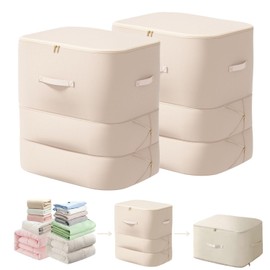 Ultra Space Saving Self Compression Organizer, 3-Layer Zipper Large Capacity Storage Bag, Thick Satin Fabric Heavy Duty Bags for Comforters Blankets Bedding Duvet (Beige, X-Large, 2PCS)