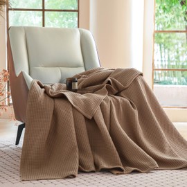 Simple&Opulence 100% Cotton Waffle Weave Throw Blanket 50"x60", Soft Lightweight Breathable Cozy Washed, Layer Blanket for Couch Bed Sofa, Farmhouse Home Decor for Adults All-Season, Light Brown