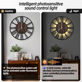 LEIKE Large Wall Clocks with Night Light Battery Operated,Silent Non Ticking,Rustic Modern Big Wood Clock for Living Room, Bedroom,Kitchen,Farmhouse,Office,Home Decor-24 Inch(Roman Numerals)