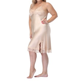 Women's Plus Size Full Slips Lace Chemise Lingeries Sexy Front Slit Negligees Silky Nightgown Sleepwear Champagne