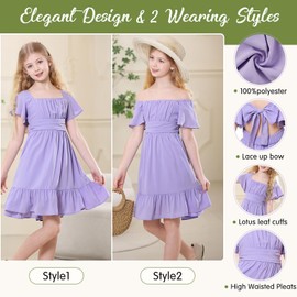 Purple Dress for Girls - Tie Back Summer Dress, Ruffle Short Sleeve Square Neck Off Shoulder Tween Girls Size 10-11 Years