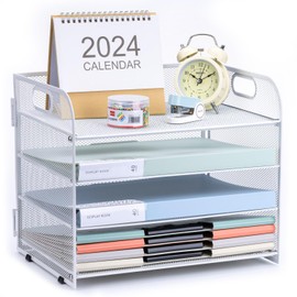 NCXTKJ 4-Tier Paper File Tray Organizer, Desk Organizer Tray with Handle, Mesh Desk File Organizer for Office Supplies Desktop Accessories - White