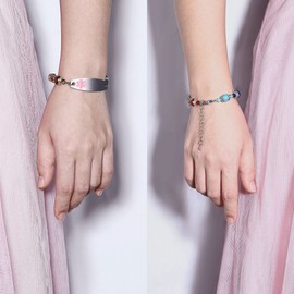 JF.JEWELRY Women's Blood Thinner Bracelet - Pre-engraved Medical ID, Colorful Beaded Adjustable - Pink Rose Medical Symbol