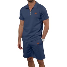 Ryehack Men's 2 Piece Sweatsuits Outfits Jacquard Zip Polo Shirt Sweatshirt Joggers Sweatpants Tracksuit Set Navy Blue L