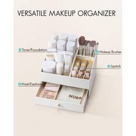 Vlando Makeup Organzier,Vanity Organizer with Drawers, PU Leather Skincare Organizer Perfume Organizer,Large Cosmetic Display Case for Lipstick,Brushes Gifts for Women-White