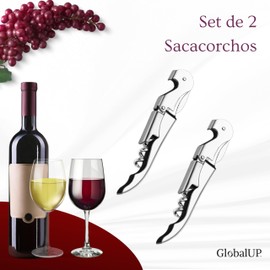GlobalUP Descorchadores para vino, juego de 2 Sacacorchos para Vino de Acero Inoxidable con Corta Cápsulas. Saca Corchos Sommelier de Fácil Agarre. Wine corkscrew Modelo Riesling (Plateado)