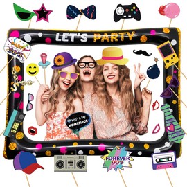 90s Inflatable Picture Frame with 30 Pieces Photo Props, 90s Photo Booth, 90s Party Photo Box Accessories, Selfie Frame for 90s