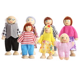 Wagoog Wooden Doll House Dolls, Happy Family Dolls House Furniture Accessories, Dolls People Playset for Dollhouse Kids Children Toy