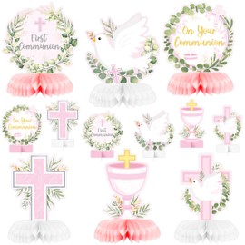 ANGOLIO 12Pcs Pink Baptism First Communion Party Honeycomb Centerpieces Cross Religious Centerpieces for Tables Photo Props Decoration for Baby Shower Birthday