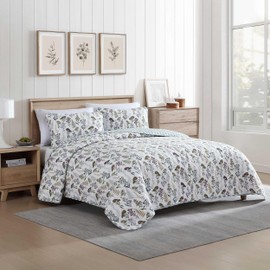 Eddie Bauer - King Quilt Set, Reversible Cotton Bedding with Matching Shams, Classic Floral Home Decor with Plaid Reverse (Flower Field Green, King)