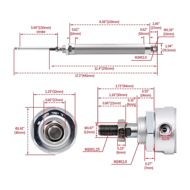 Heschen 空気圧スリムエアシリンダー MAL 32-150 PT1/8インチポート 32mmボア 150mmストローク ダブルアクティング