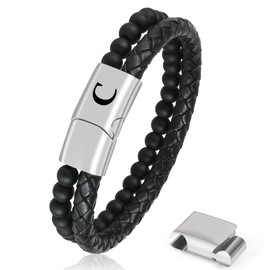 Aospkle Initial Letter Leather Bracelet for Men, Black Alphabet Leather Bracelet with Clasp, to My Man Bracelet Jewelry Gifts for Dad Husband Brother Boyfriend Son Grandpa C