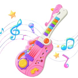 Toddler Guitar Toy for 2-5 Year Olds, 2-in-1 Kids Electric Guitar & Piano Musical Instrument with Adjustable Strap and Neon Lights, Birthday for Boys Girls