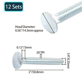 Luomorgo 12 Sets 1/4"-20 x 2 in. Carriage Bolts, Round Head Square Neck Fully Threaded Screws, Galvanized Steel Carriage Bolts with Hex Nuts, Flat Washers