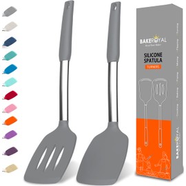 BakeRoyal Silicone Spatula Set - Turner Spatulas Silicone Heat Resistant 600°F - Slotted & Solid Silicone Spatulas for Cooking Fish, Eggs, Pancakes Flipper – Silicone Cooking Utensils Set – Gray