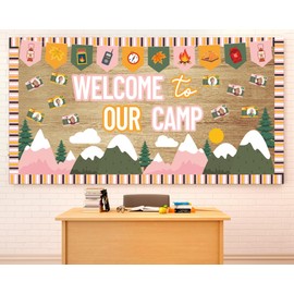 Camping Bulletin Board Set Woodland Classroom Decor Welcome to Our Camp Forest Mountain Classroom Decorations Border Adventure DIY Photo Craft Camper Cutouts for Students School Wall Party Supplies