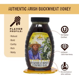 Goshen Amish Country Extremely Raw Buckwheat Honey - Unfiltered, Unprocessed, Pure & Natural - Harvested in the USA - Rich Flavor for Tea, Cooking, Wellbeing - Kosher Certified - 16oz Glass Jar