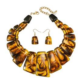 NFVITLP Acrylic Chunky Statement Necklace for Women Large Tortoise Shell Turquoise Stone Acrylic Link Chain Black White Red Orange Blended Style Resin Necklace Earring Jewelry Set (Brown)