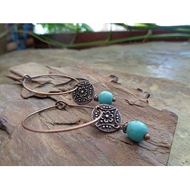 ◦ ● Howlite stone pearl on flower ornament and small copper hoop earrings. • ◦ round hooks, turquoise